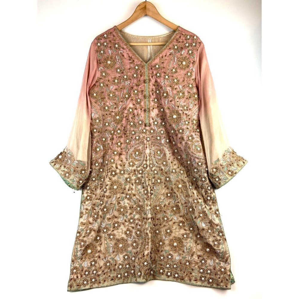 Women's Customized Embellished Tunic Luxury Embroidered Top in Peach Siz…